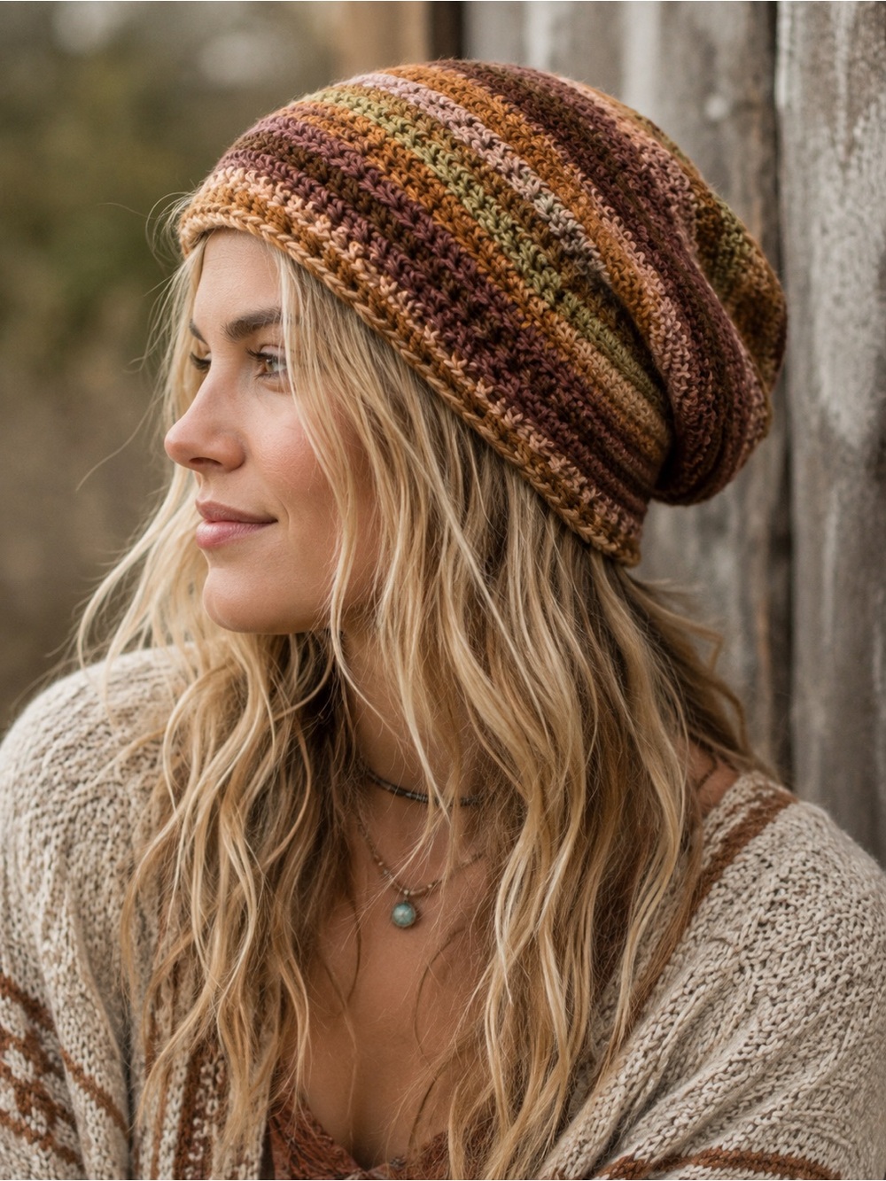 HAND CRAFTED Striped Crochet Slouch Beanie NEW Brown Tan Coral Gray Neutral